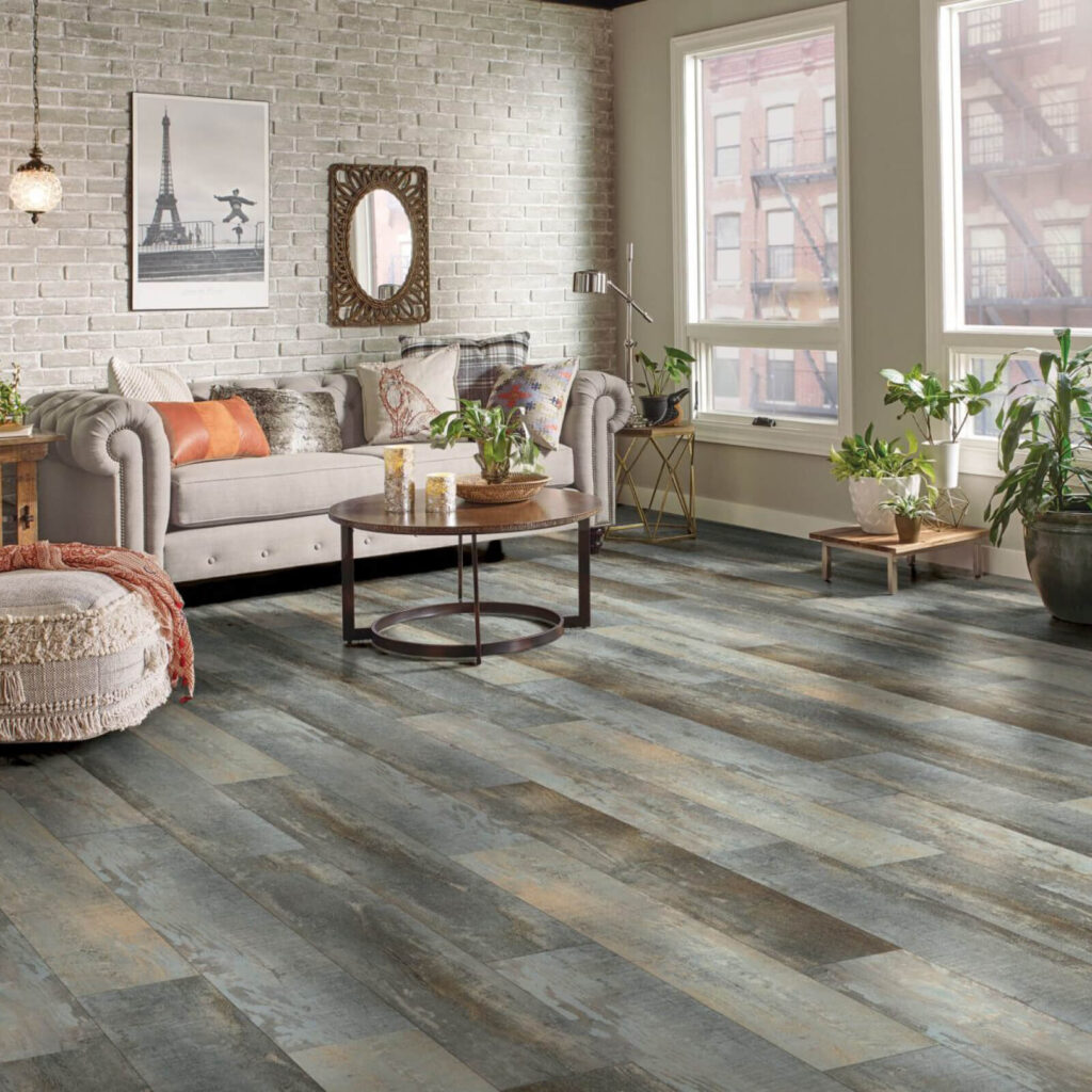 Living room with mixed-tone gray and brown vinyl flooring