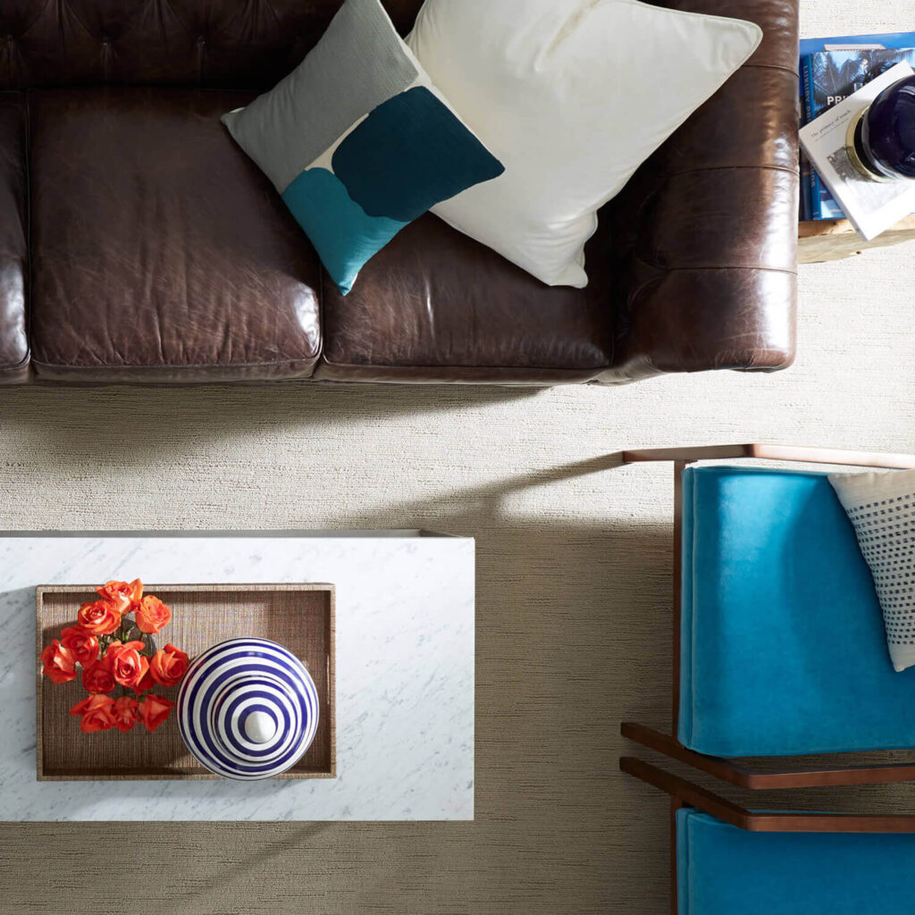 Brown carpet under coffee table with teal accents