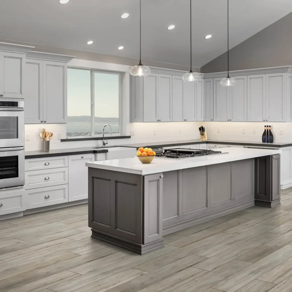 Light wood-look tile flooring in white kitchen