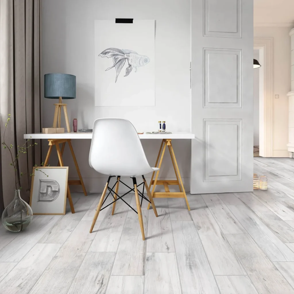 Light gray wood-look tile flooring in home office