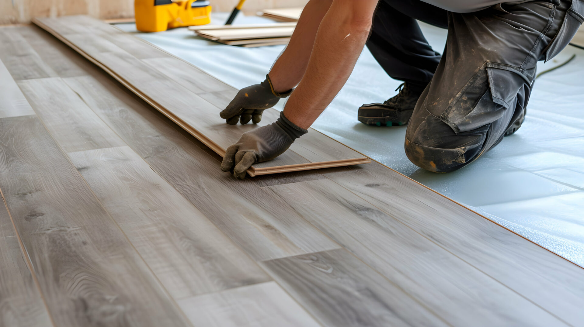 Close-up of hands installing light gray wood-look flooring