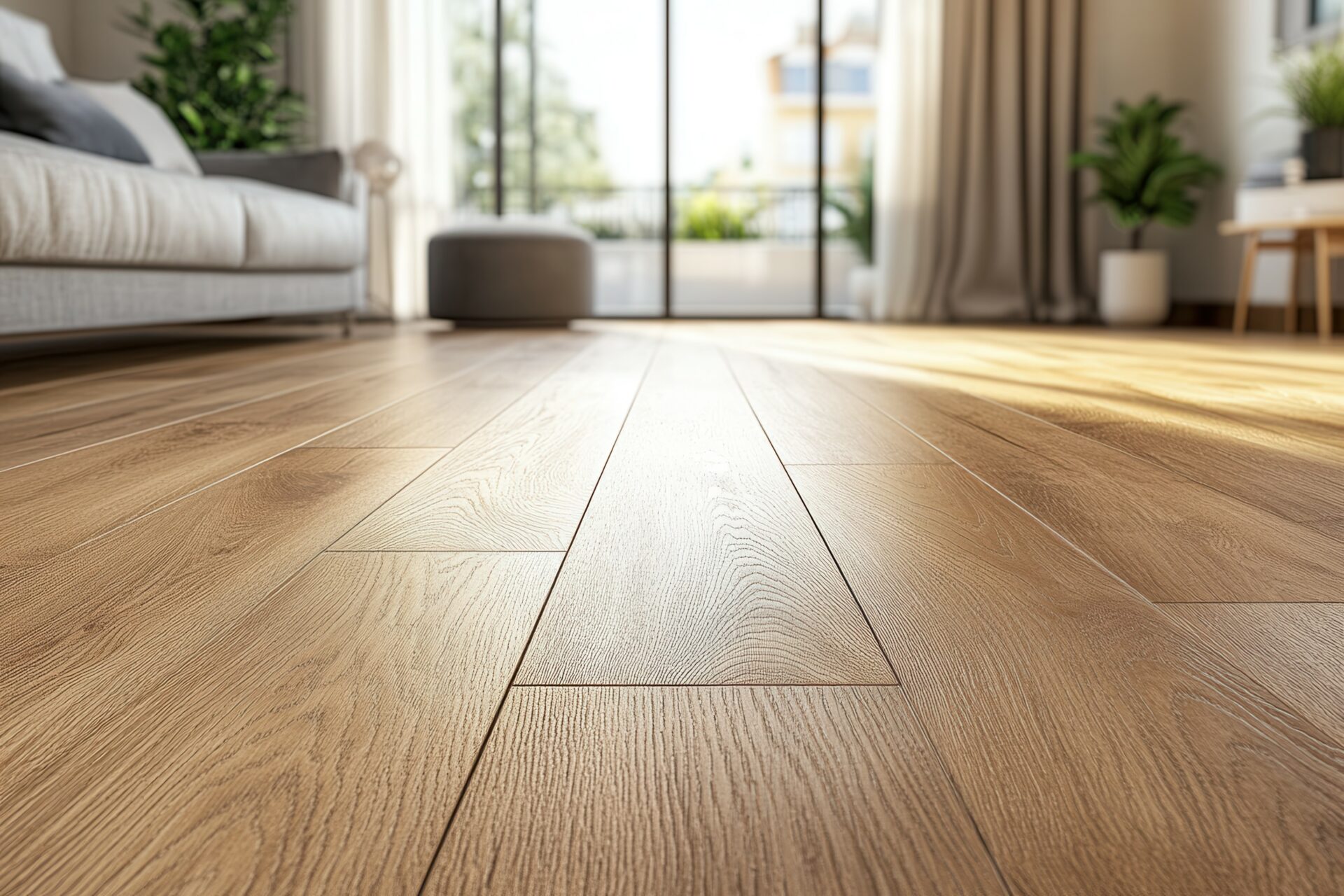 Sunlit living room with wooden floor and modern furniture.