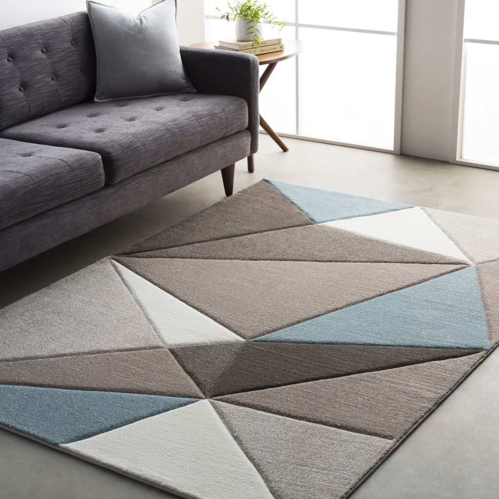 Gray and teal geometric pattern rug