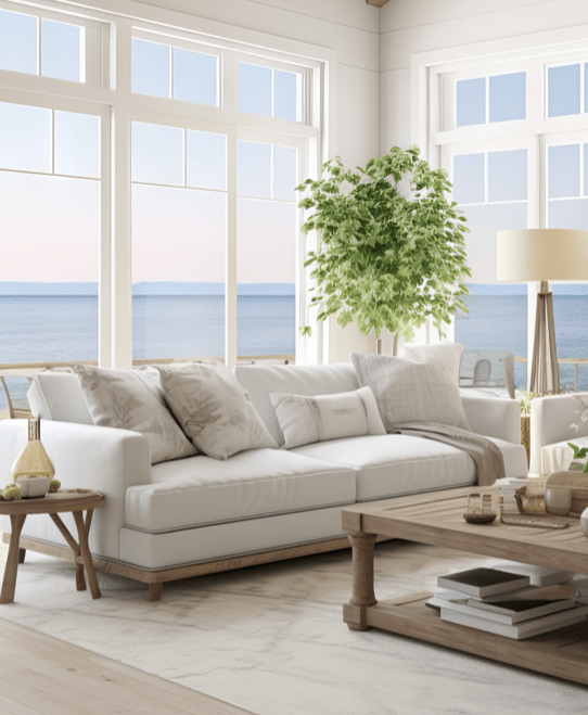 Bright living room with white sofa, neutral carpet, and large windows overlooking the ocean